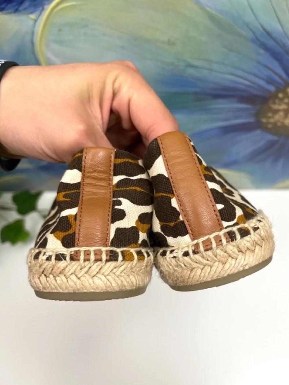 New Tory Burch Ines Leopard Print Canvas Espadrille Flats Brown Tan Women 9.5